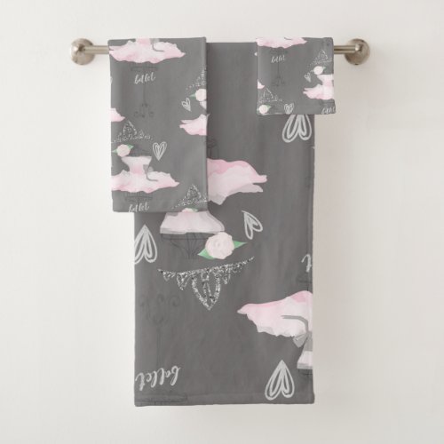 Pink & Grey Couture Ballerina Girls Whimsical Chic Bath Towel Set