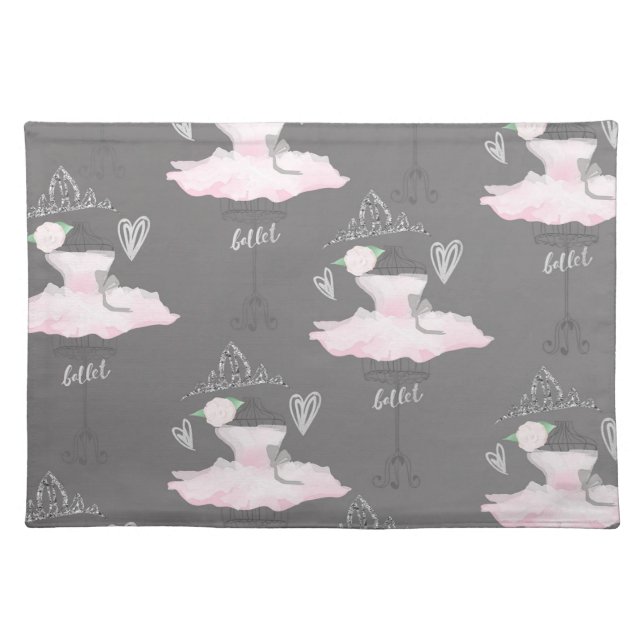 Pink & Grey Couture Ballerina Girls Whimsical Chic Cloth Placemat (Front)