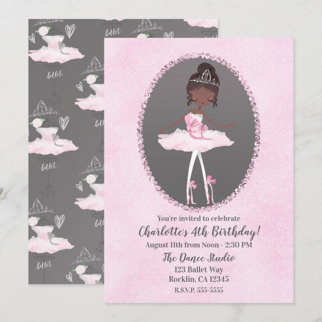 Pink & Grey Couture Dark Ballerina Birthday Party Invitation (Front/Back)