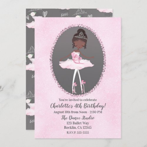 Pink  Grey Couture Dark Ballerina Birthday Party Invitation