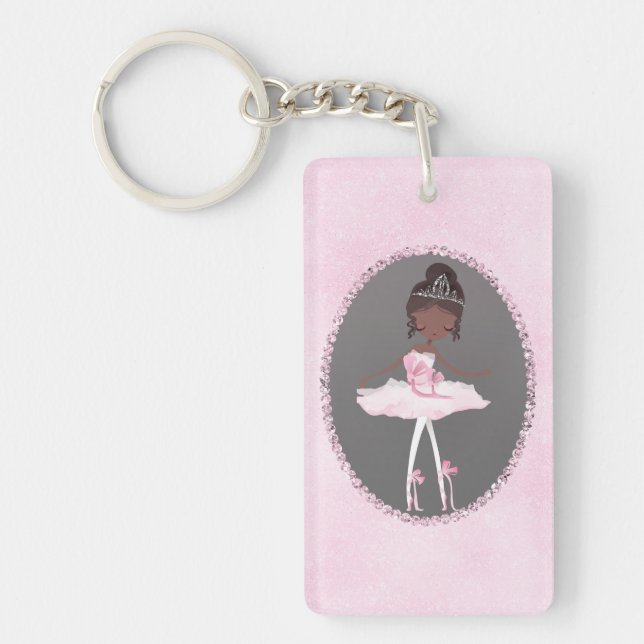 Pink & Grey Couture Dark Skin Ballerina Girls Keychain (Front)