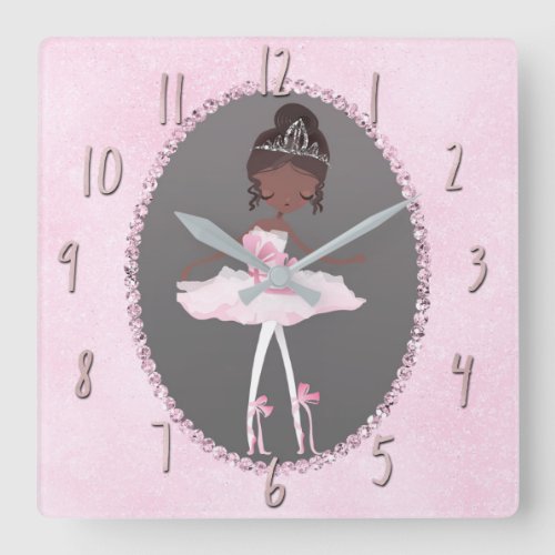 Pink  Grey Couture Ethnic Ballerina Girls Bedroom Square Wall Clock