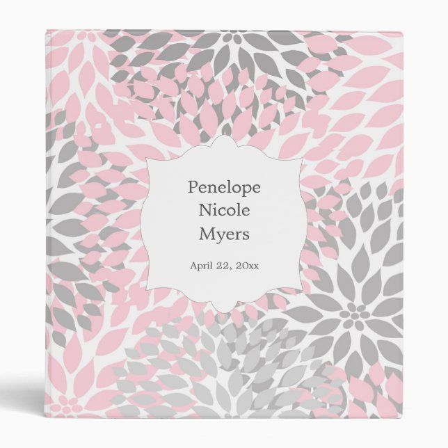 Pink Grey Dahlia Baby Girl photo album scrapbook 3 Ring Binder (Front)