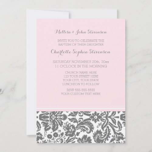 Pink Grey Damask Baptism Invitation