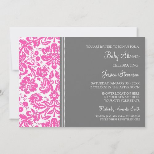 Pink Grey Damask Custom Baby Shower Invitations