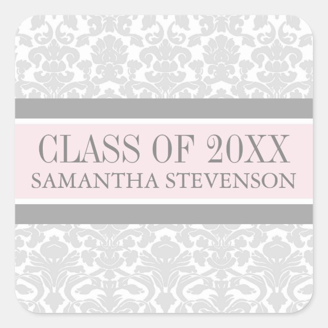 Pink Grey Damask Graduation Custom Year Name Square Sticker (Front)