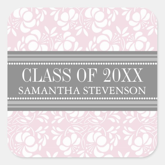 Pink Grey Damask Graduation Custom Year Name Square Sticker