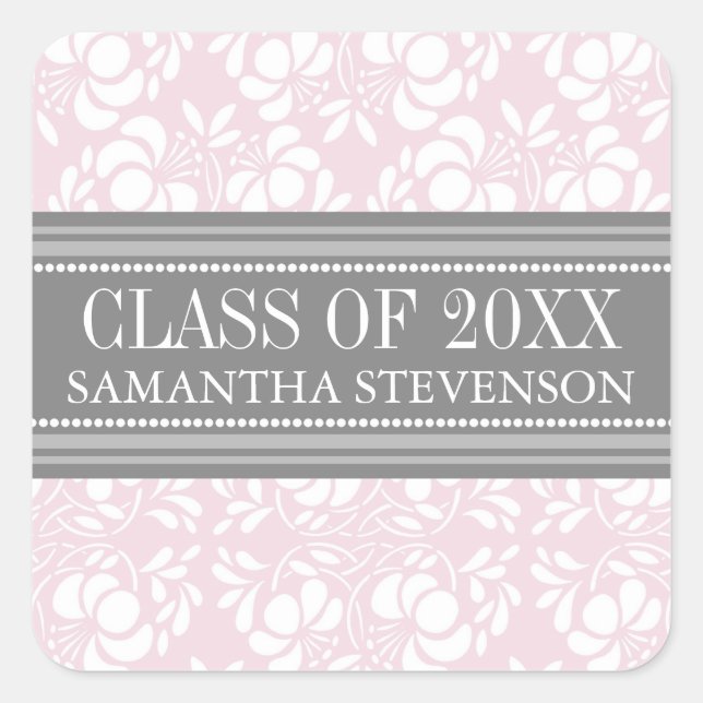 Pink Grey Damask Graduation Custom Year Name Square Sticker (Front)