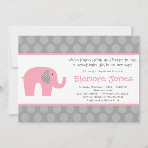 Pink Grey Elephant Baby Shower Invitation