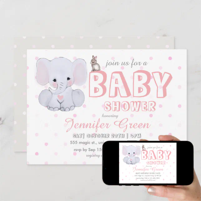 Pink Grey Elephant Baby Shower Invitations Zazzle
