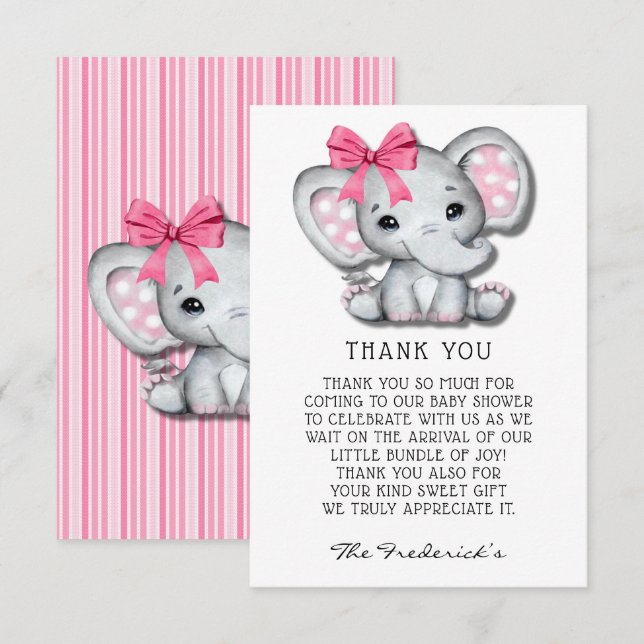 Pink Grey Elephant Baby Shower Thank You Cards (Front/Back)