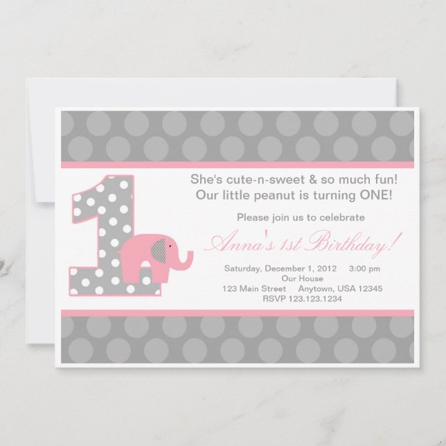 Pink Grey Elephant Birthday Invitation (Front)