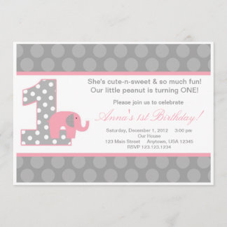 Pink Grey Elephant Birthday Invitation