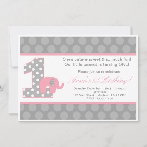 Pink Grey Elephant Birthday Invitation