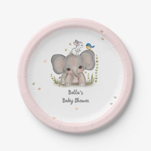 Pink Grey Elephant Bunny Baby Shower Paper Plate