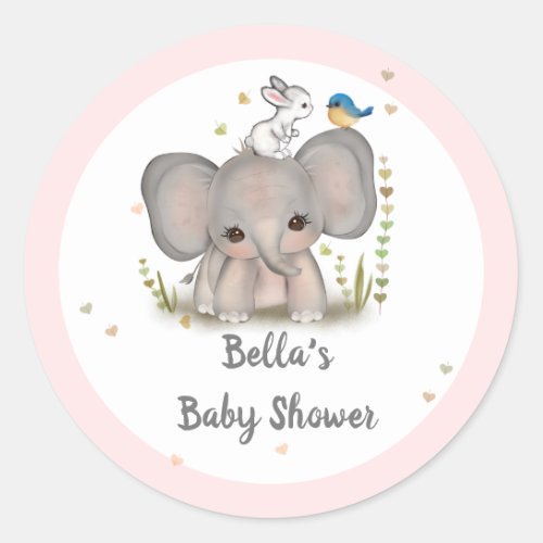 Pink Grey Elephant Bunny Baby Shower Sticker