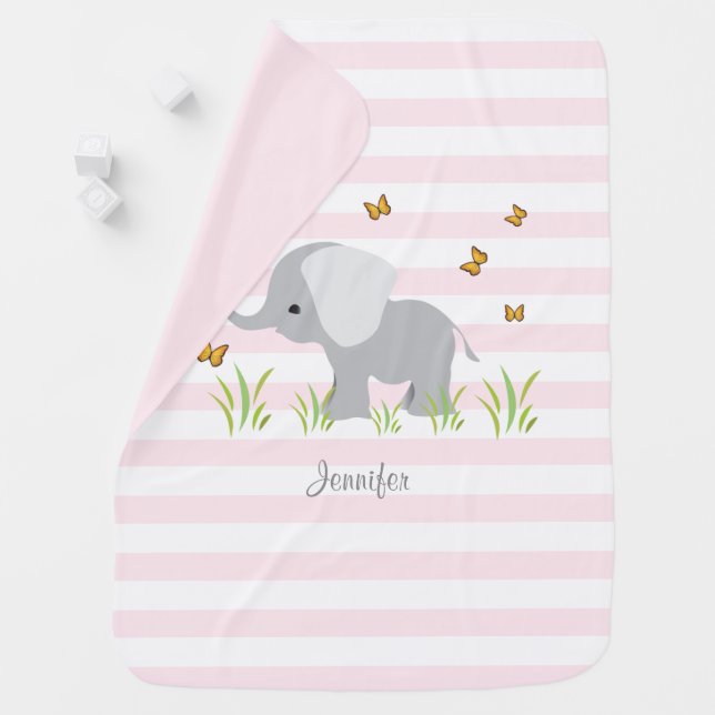 Pink Grey Elephant Butterflies Baby Blankets (In Situ)