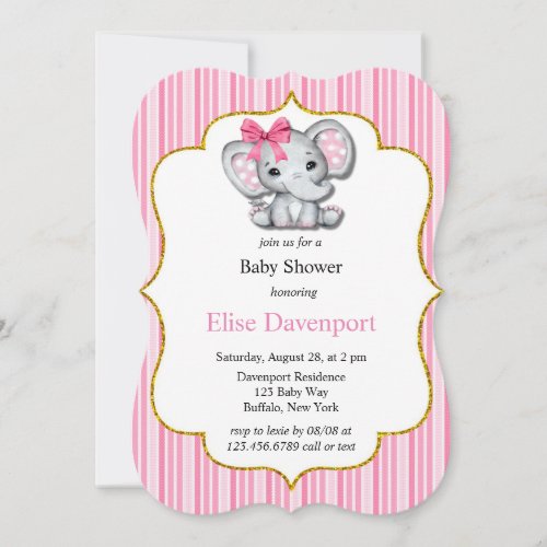 Pink Grey Elephant Girl Baby Shower Invitation