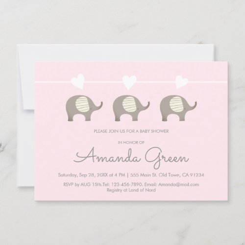 Pink Grey Elephant Heart Baby Shower Invitation