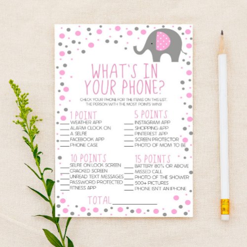 Pink Grey Elephant In Your Phone Baby Shower Game Stationery