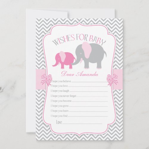 Pink  Grey Elephant Wishes for Baby Card