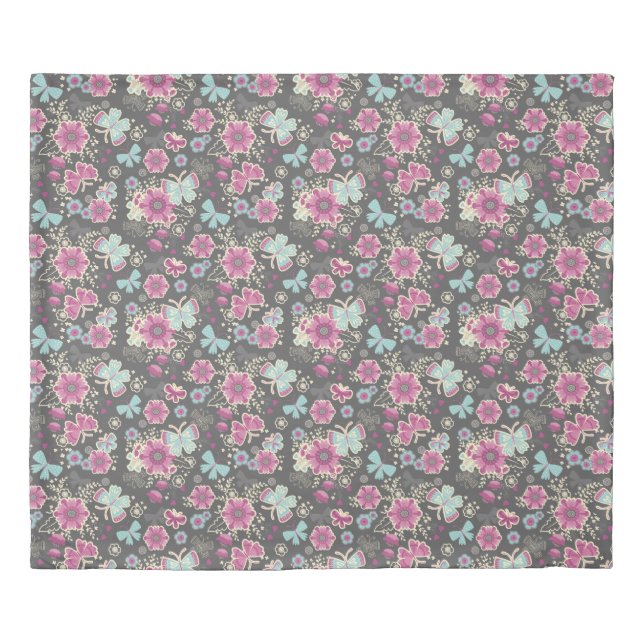 Pink Grey Floral Pattern Duvet Cover (Front)