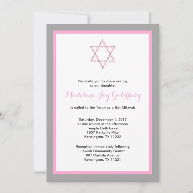 Pink Grey Floral Star of David Bat Mitzvah Invitation (Front)