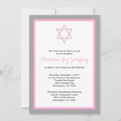 Pink Grey Floral Star of David Bat Mitzvah Invitation