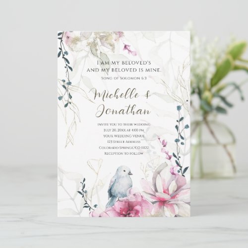 Pink Grey Floral with Dove Christian Bible Wedding Invitation