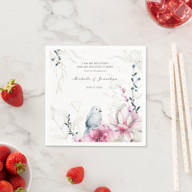 Pink Grey Floral with Dove Christian Bible Wedding Napkins (Insitu)