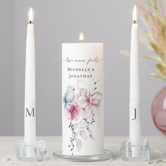 Pink Grey Floral with Dove Christian Bible Wedding Unity Candle Set (In Situ)