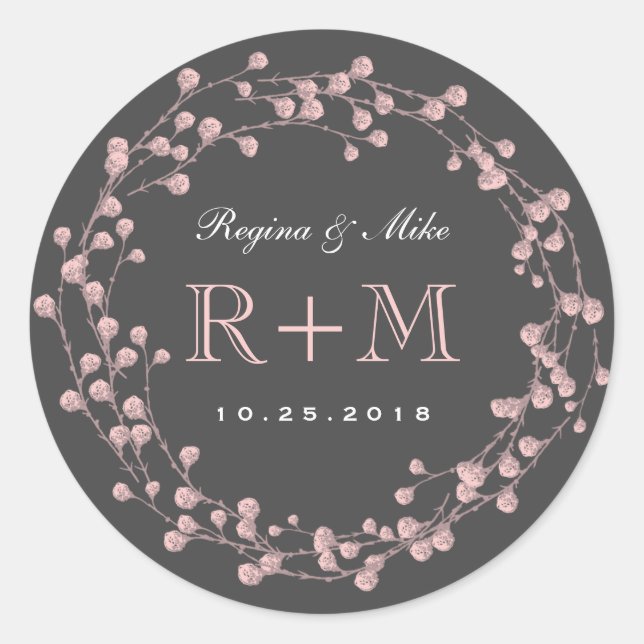 Pink Grey Flower Wreath Wedding Favor Sticker (Front)