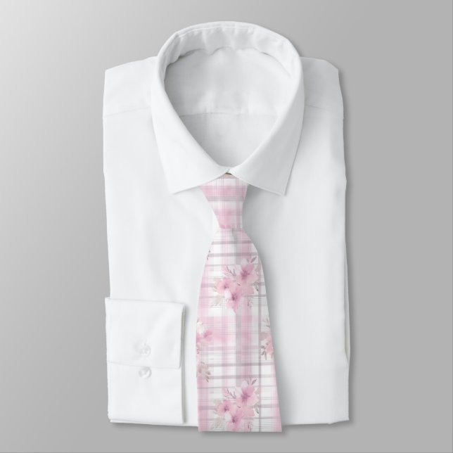 Pink Grey Flowers Plaid Christmas Neck Tie (Tied)