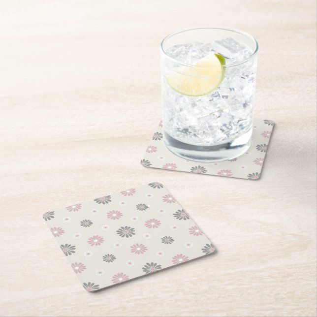 Pink & Grey Flowers Square Paper Coaster (Insitu)