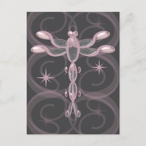 Pink Grey Glass Dragonfly with Stars Postcard