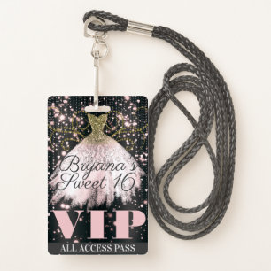Pink Grey Gold Sparkle Dress Sweet 16 VIP Pass Badge