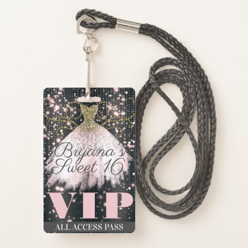 Pink Grey Gold Sparkle Dress Sweet 16 VIP Pass Badge