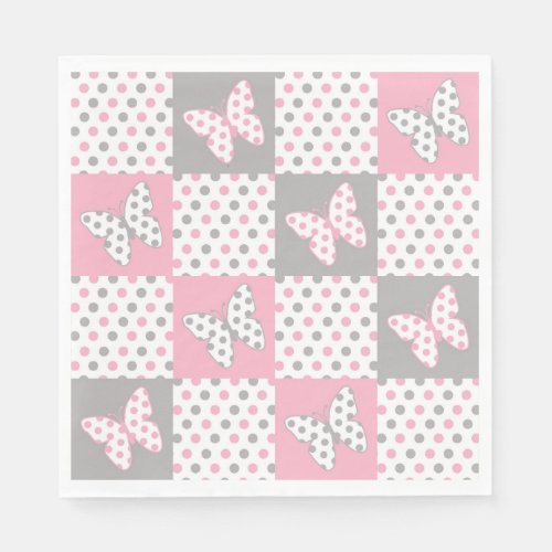 Pink Grey Gray Butterfly Polka Dot Patchwork Quilt Paper Napkins