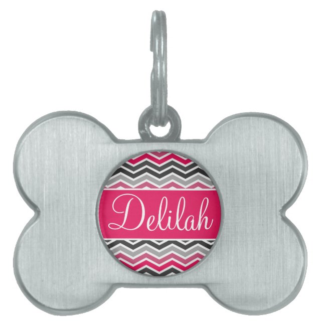 Pink Grey Gray Chevron Name Pet Tag (Front)