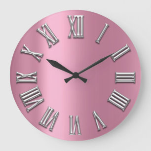 Pink Grey Gray Metal Grey Silver Roman Number Large Clock
