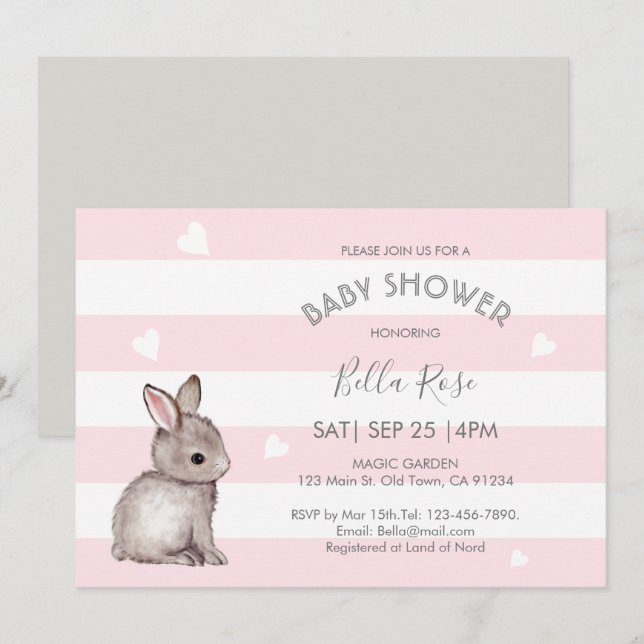 Pink Grey Heart Bunny Baby Shower Invitations (Front/Back)