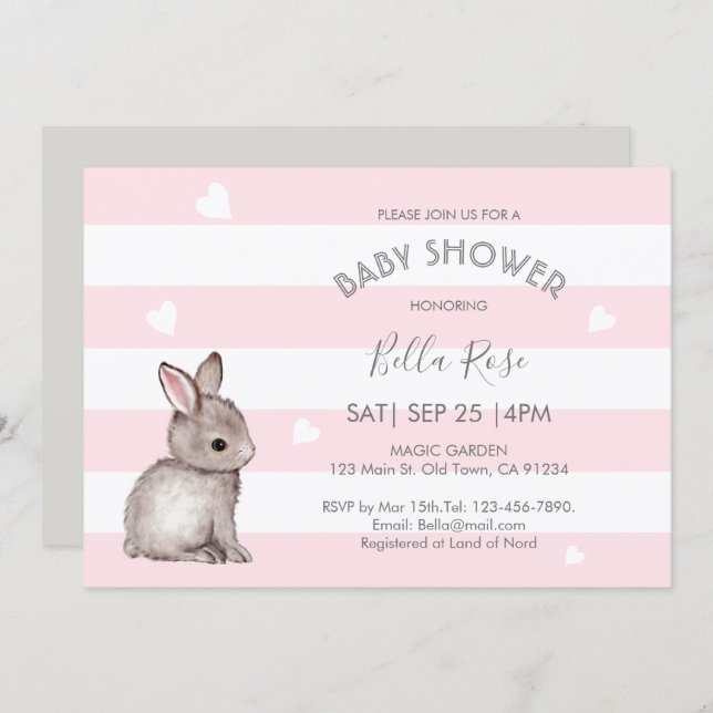 Pink Grey Heart Bunny Baby Shower Invitations (Front/Back)