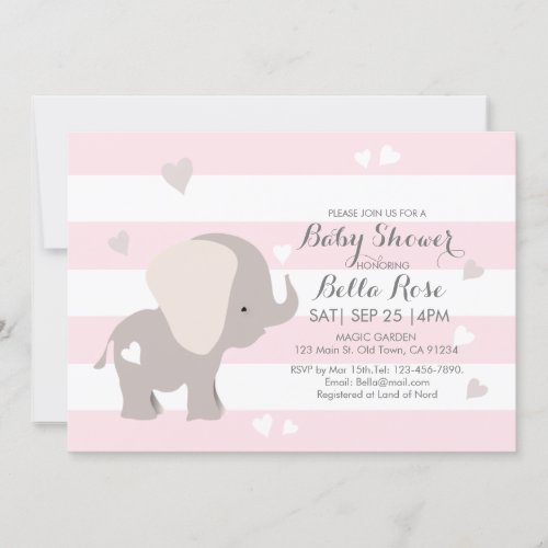 Pink Grey Heart Elephant Baby Shower Invitation