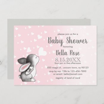 Pink Grey Hearts Bunny Girl Baby Shower Invitation by FancyMeWedding at Zazzle