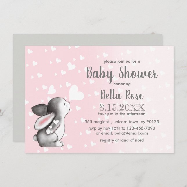 Pink Grey Hearts Bunny Girl Baby Shower Invitation (Front/Back)