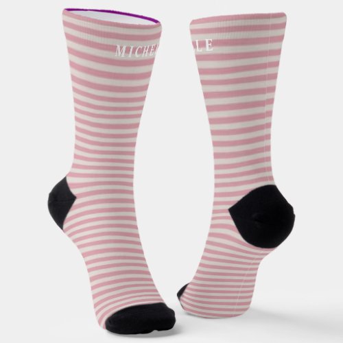 Pink Grey Horizontal  Lines Striped Custom Name  Socks