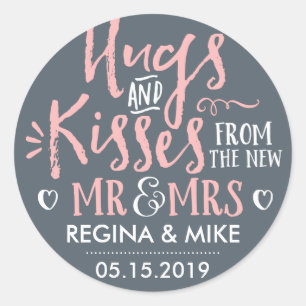 Pink Grey Hugs and Kisses From The New Mr and Mrs Classic Round Sticker