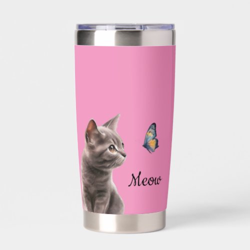 Pink Grey Meow Cat  Insulated Tumbler