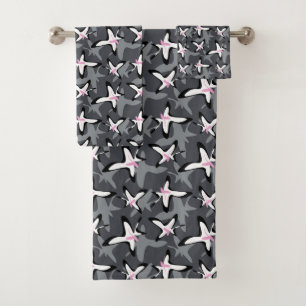 Pink grey modern abstract flowers bath towel set