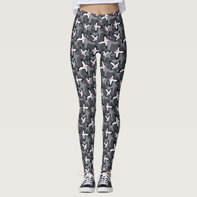 Pink grey modern abstract flowers leggings (Front)